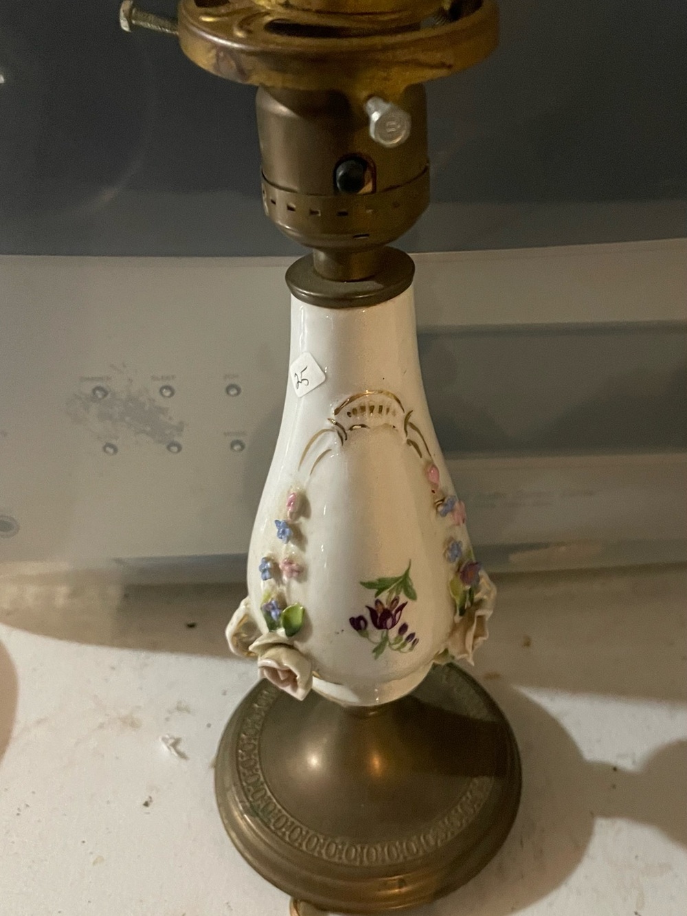 White Porcelain Floral Table Lamp Base with Gold-Tone Accents
